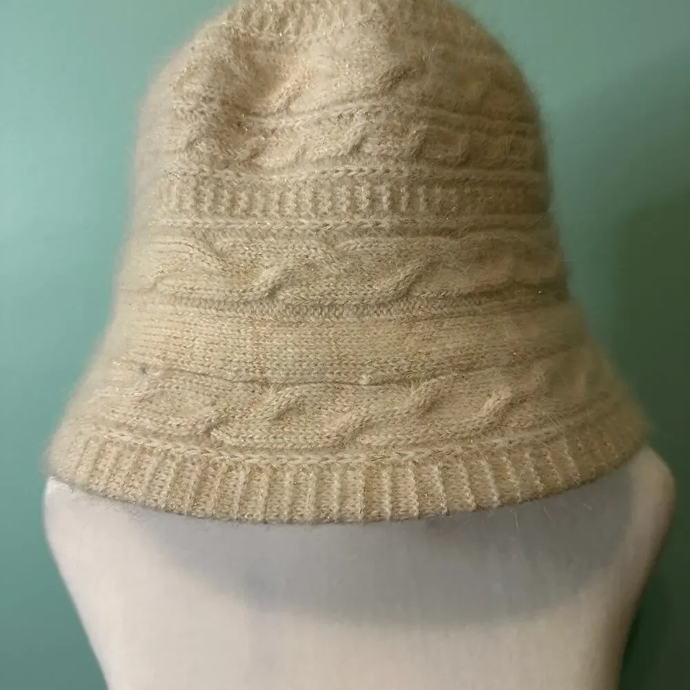 Nine West Rabbit Wool Blend Braided Knit Hat White Cream‎ Gold Accents Winter